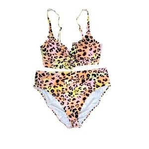 Bar III Leopard Bikini XL Two Piece Swimsuit High Waist Bottom Tie Front Top